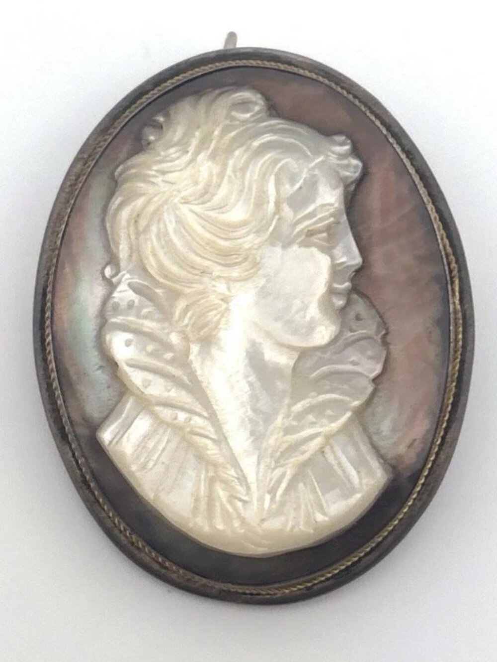 Vintage 800 Silver Mother of Pearl Cameo Pendant Brooch 38x30mm 9.23g